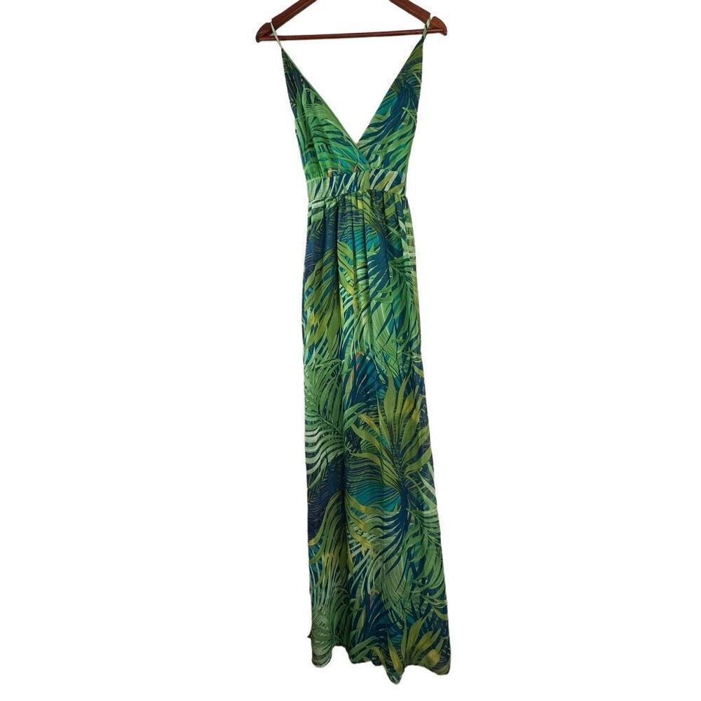 Revamped Tropical Leaf Print Maxi Dress Womens Large‎ Coloful Chiffon Boho Glam